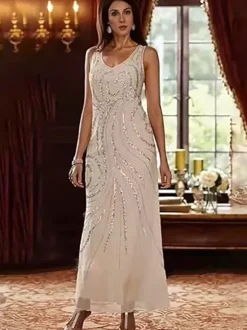 Mother Dress Designed Neckline Long Sleeves Two-piece Sequins Ankle-Length Wedding Guest Dresses