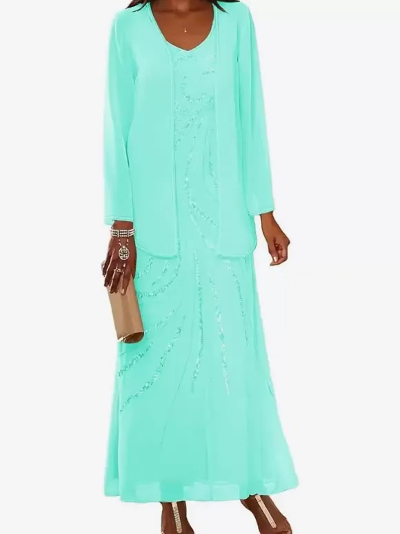 Mother Dress Designed Neckline Long Sleeves Two-piece Sequins Ankle-Length Wedding Guest Dresses