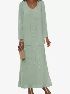 Mother Dress Designed Neckline Long Sleeves Two-piece Sequins Ankle-Length Wedding Guest Dresses