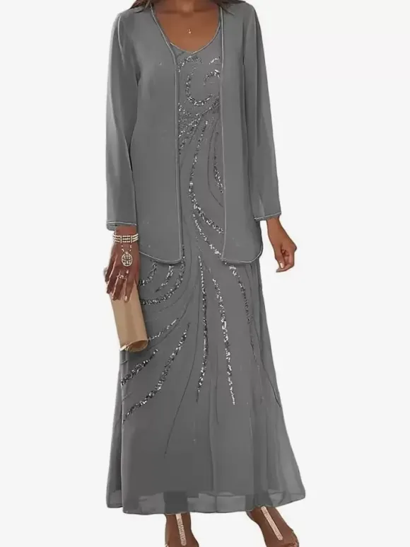 Mother Dress Designed Neckline Long Sleeves Two-piece Sequins Ankle-Length Wedding Guest Dresses