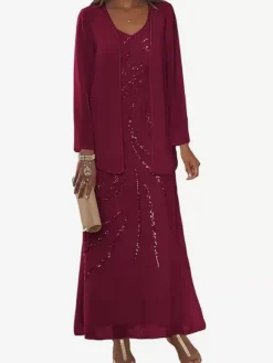 Mother Dress Designed Neckline Long Sleeves Two-piece Sequins Ankle-Length Wedding Guest Dresses