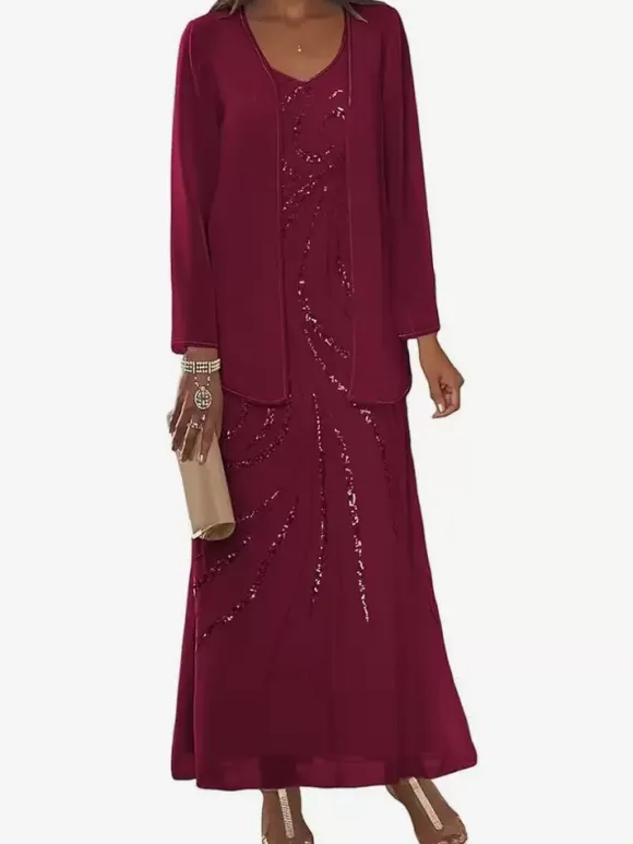 Mother Dress Designed Neckline Long Sleeves Two-piece Sequins Ankle-Length Wedding Guest Dresses