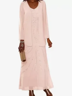 Mother Dress Designed Neckline Long Sleeves Two-piece Sequins Ankle-Length Wedding Guest Dresses