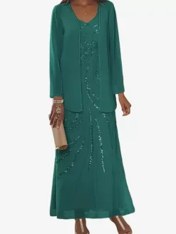 Mother Dress Designed Neckline Long Sleeves Two-piece Sequins Ankle-Length Wedding Guest Dresses