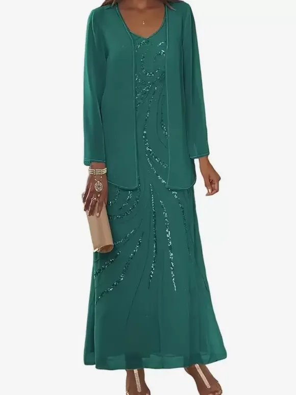 Mother Dress Designed Neckline Long Sleeves Two-piece Sequins Ankle-Length Wedding Guest Dresses