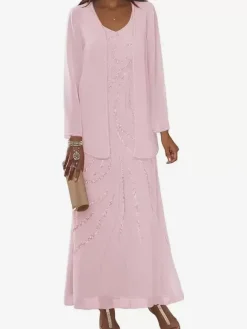 Mother Dress Designed Neckline Long Sleeves Two-piece Sequins Ankle-Length Wedding Guest Dresses
