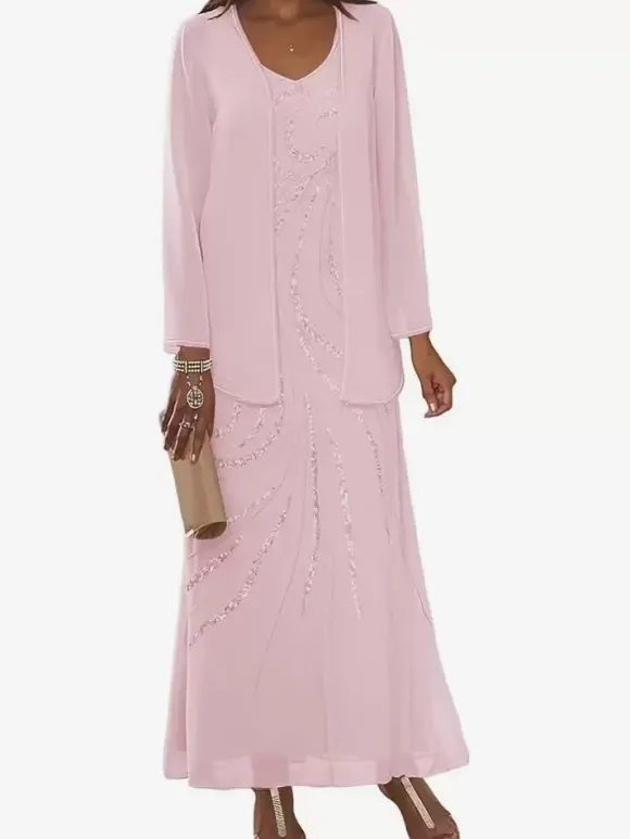 Mother Dress Designed Neckline Long Sleeves Two-piece Sequins Ankle-Length Wedding Guest Dresses