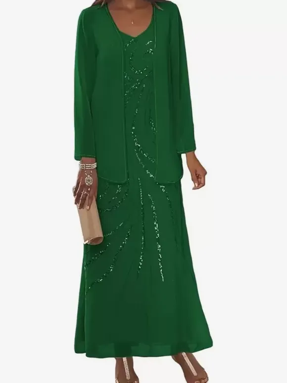 Mother Dress Designed Neckline Long Sleeves Two-piece Sequins Ankle-Length Wedding Guest Dresses