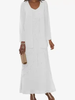 Mother Dress Designed Neckline Long Sleeves Two-piece Sequins Ankle-Length Wedding Guest Dresses