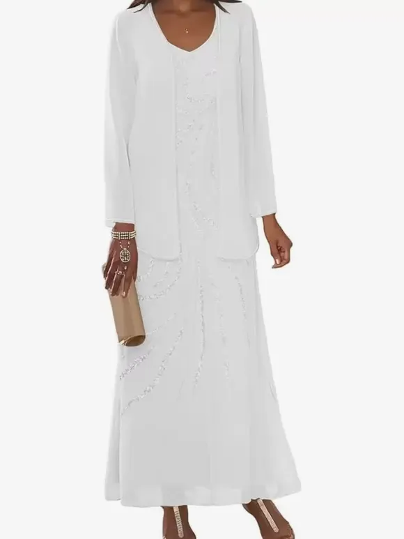 Mother Dress Designed Neckline Long Sleeves Two-piece Sequins Ankle-Length Wedding Guest Dresses