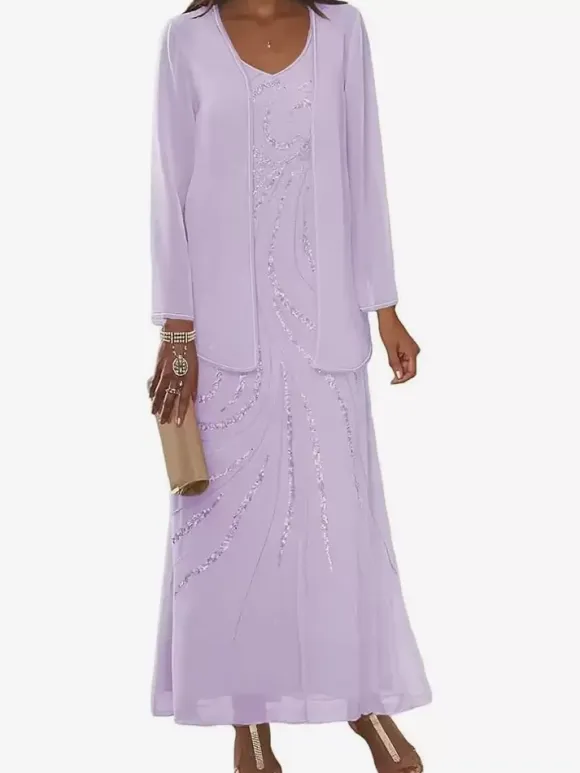 Mother Dress Designed Neckline Long Sleeves Two-piece Sequins Ankle-Length Wedding Guest Dresses
