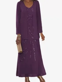 Mother Dress Designed Neckline Long Sleeves Two-piece Sequins Ankle-Length Wedding Guest Dresses