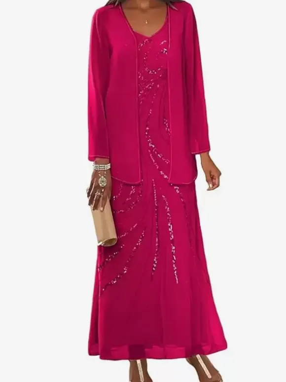 Mother Dress Designed Neckline Long Sleeves Two-piece Sequins Ankle-Length Wedding Guest Dresses