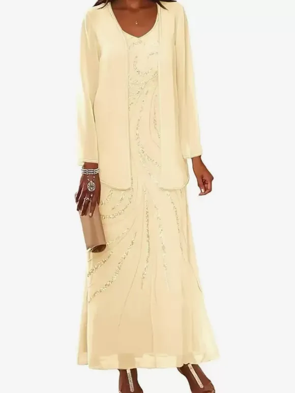 Mother Dress Designed Neckline Long Sleeves Two-piece Sequins Ankle-Length Wedding Guest Dresses