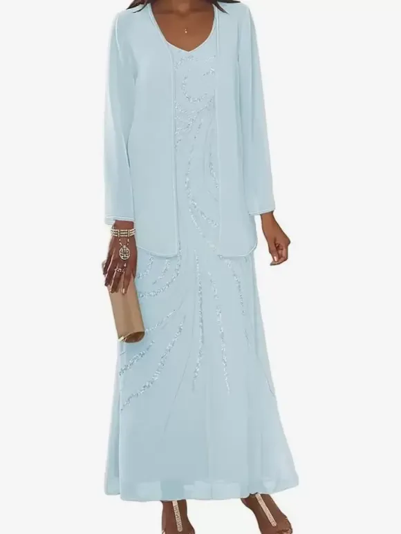 Mother Dress Designed Neckline Long Sleeves Two-piece Sequins Ankle-Length Wedding Guest Dresses
