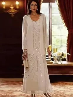 Mother Dress Designed Neckline Long Sleeves Two-piece Sequins Ankle-Length Wedding Guest Dresses
