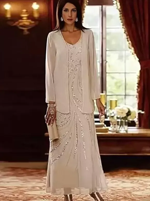 Mother Dress Designed Neckline Long Sleeves Two-piece Sequins Ankle-Length Wedding Guest Dresses