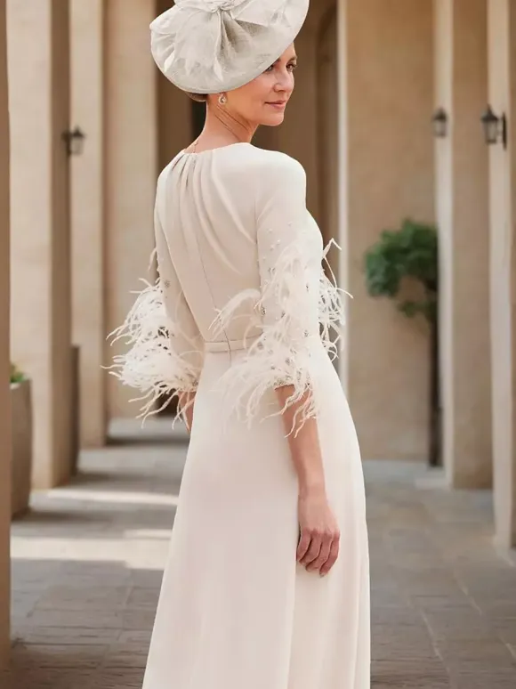Mother Dress Designed Neckline 3/4 Length Sleeves Jumpsuit Beaded Wedding Guest Dresses