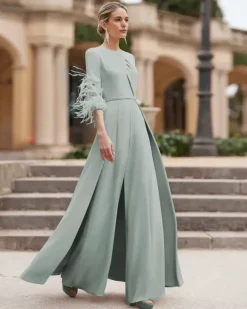 Mother Dress Designed Neckline 3/4 Length Sleeves Jumpsuit Beaded Wedding Guest Dresses