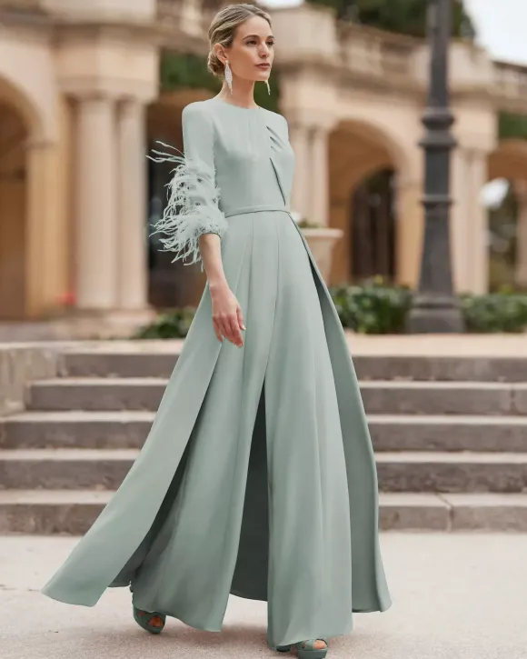 Mother Dress Designed Neckline 3/4 Length Sleeves Jumpsuit Beaded Wedding Guest Dresses