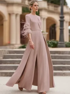 Mother Dress Designed Neckline 3/4 Length Sleeves Jumpsuit Beaded Wedding Guest Dresses