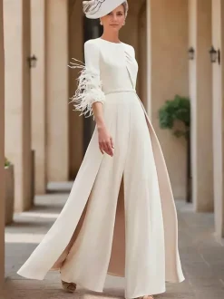 Mother Dress Designed Neckline 3/4 Length Sleeves Jumpsuit Beaded Wedding Guest Dresses