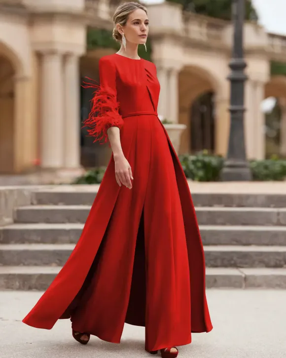 Mother Dress Designed Neckline 3/4 Length Sleeves Jumpsuit Beaded Wedding Guest Dresses