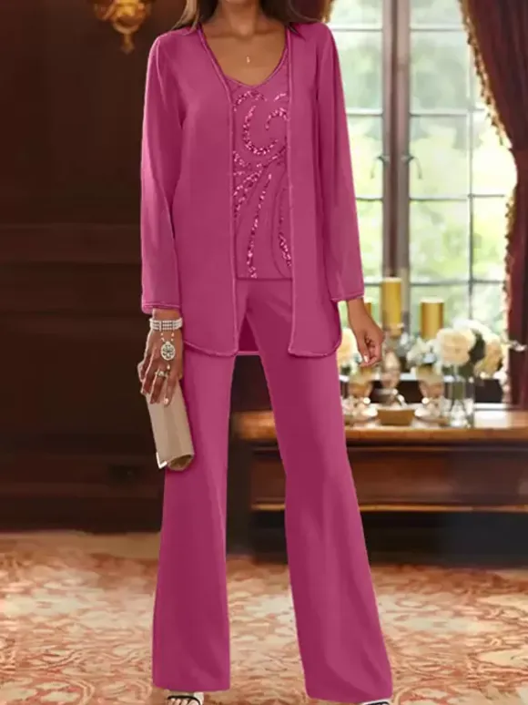 Mother Dress Designed Neckline Long Sleeves 3-piece Sequins Wedding Guest Dresses
