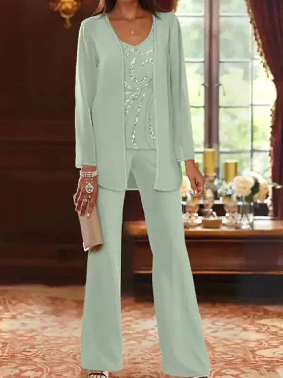 Mother Dress Designed Neckline Long Sleeves 3-piece Sequins Wedding Guest Dresses