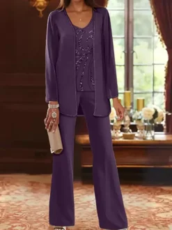Mother Dress Designed Neckline Long Sleeves 3-piece Sequins Wedding Guest Dresses