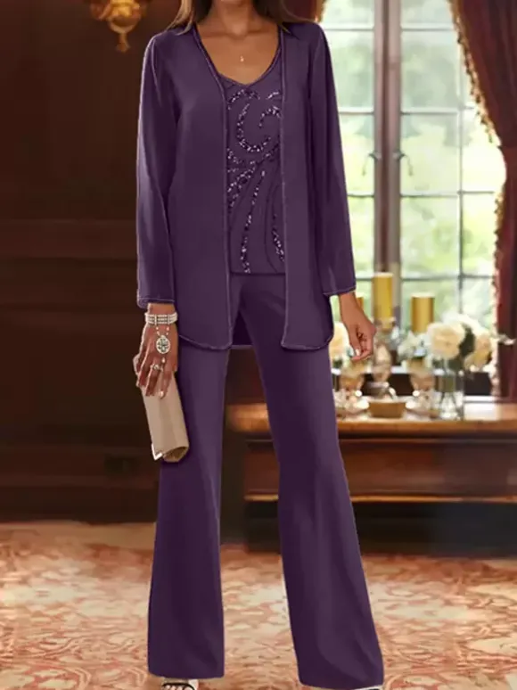 Mother Dress Designed Neckline Long Sleeves 3-piece Sequins Wedding Guest Dresses