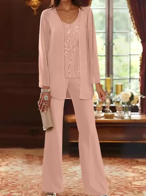 Mother Dress Designed Neckline Long Sleeves 3-piece Sequins Wedding Guest Dresses