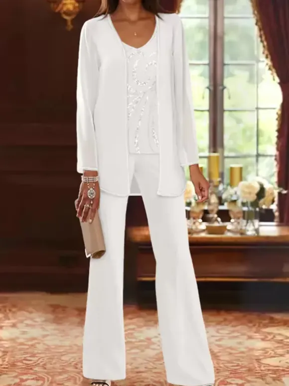 Mother Dress Designed Neckline Long Sleeves 3-piece Sequins Wedding Guest Dresses