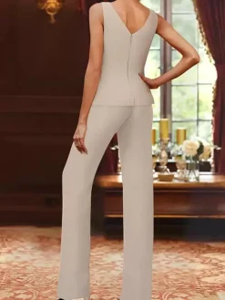 Mother Dress Designed Neckline Long Sleeves 3-piece Sequins Wedding Guest Dresses