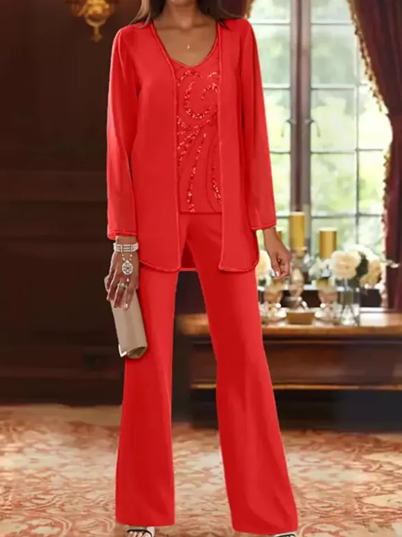 Mother Dress Designed Neckline Long Sleeves 3-piece Sequins Wedding Guest Dresses