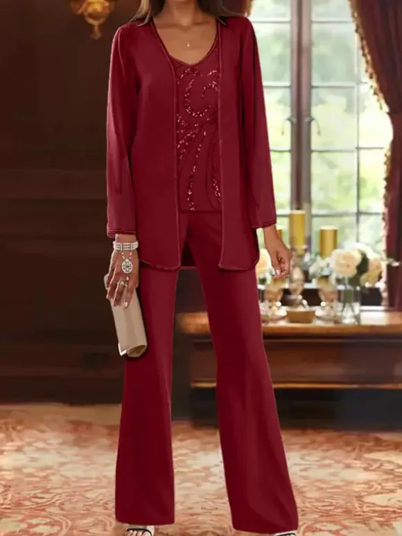 Mother Dress Designed Neckline Long Sleeves 3-piece Sequins Wedding Guest Dresses