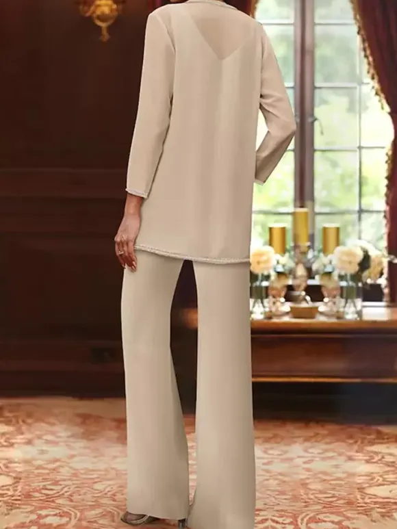 Mother Dress Designed Neckline Long Sleeves 3-piece Sequins Wedding Guest Dresses