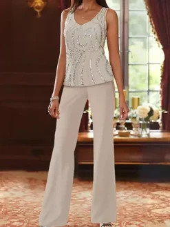 Mother Dress Designed Neckline Long Sleeves 3-piece Sequins Wedding Guest Dresses