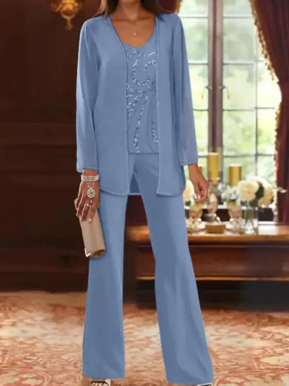 Mother Dress Designed Neckline Long Sleeves 3-piece Sequins Wedding Guest Dresses