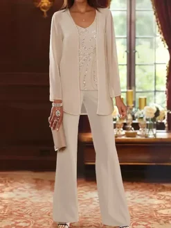 Mother Dress Designed Neckline Long Sleeves 3-piece Sequins Wedding Guest Dresses