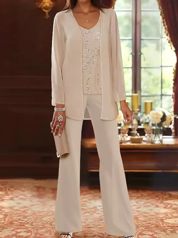 Mother Dress Designed Neckline Long Sleeves 3-piece Sequins Wedding Guest Dresses