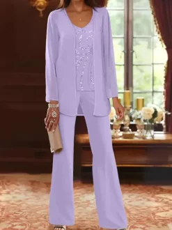 Mother Dress Designed Neckline Long Sleeves 3-piece Sequins Wedding Guest Dresses