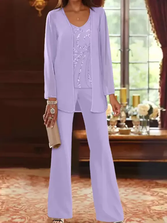 Mother Dress Designed Neckline Long Sleeves 3-piece Sequins Wedding Guest Dresses