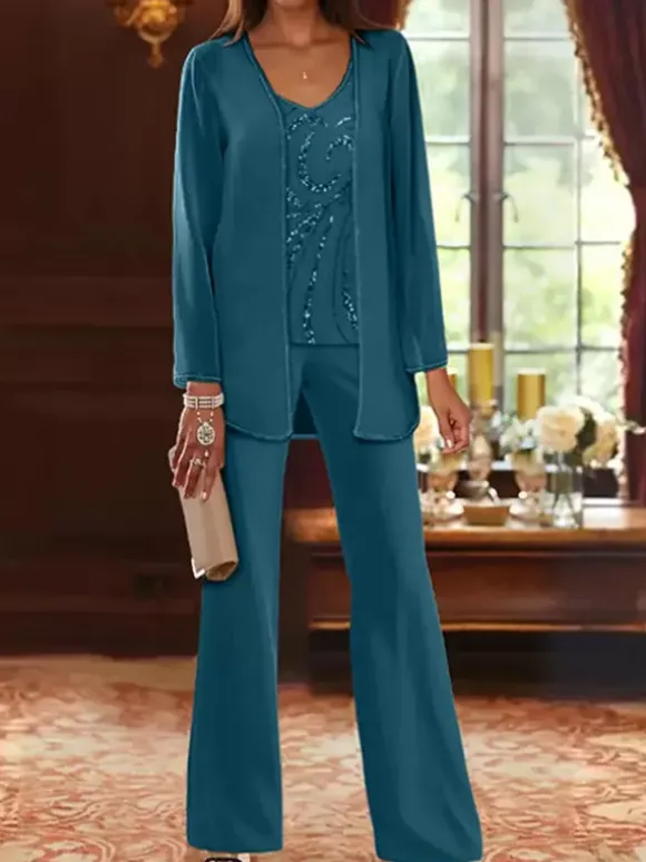Mother Dress Designed Neckline Long Sleeves 3-piece Sequins Wedding Guest Dresses