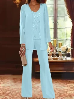Mother Dress Designed Neckline Long Sleeves 3-piece Sequins Wedding Guest Dresses
