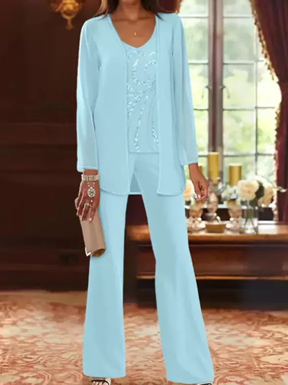 Mother Dress Designed Neckline Long Sleeves 3-piece Sequins Wedding Guest Dresses