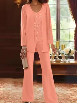 Mother Dress Designed Neckline Long Sleeves 3-piece Sequins Wedding Guest Dresses