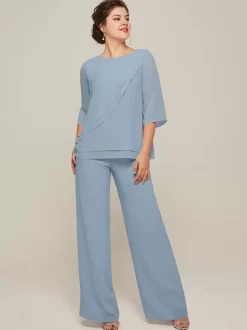 Mother Dress Jewel Neck 3/4 Length Sleeves Two-piece Ruffles Floor-Length Guest Dresses For Wedding