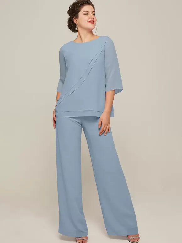 Mother Dress Jewel Neck 3/4 Length Sleeves Two-piece Ruffles Floor-Length Guest Dresses For Wedding