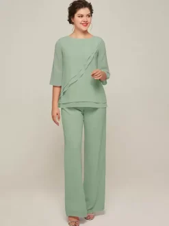 Mother Dress Jewel Neck 3/4 Length Sleeves Two-piece Ruffles Floor-Length Guest Dresses For Wedding